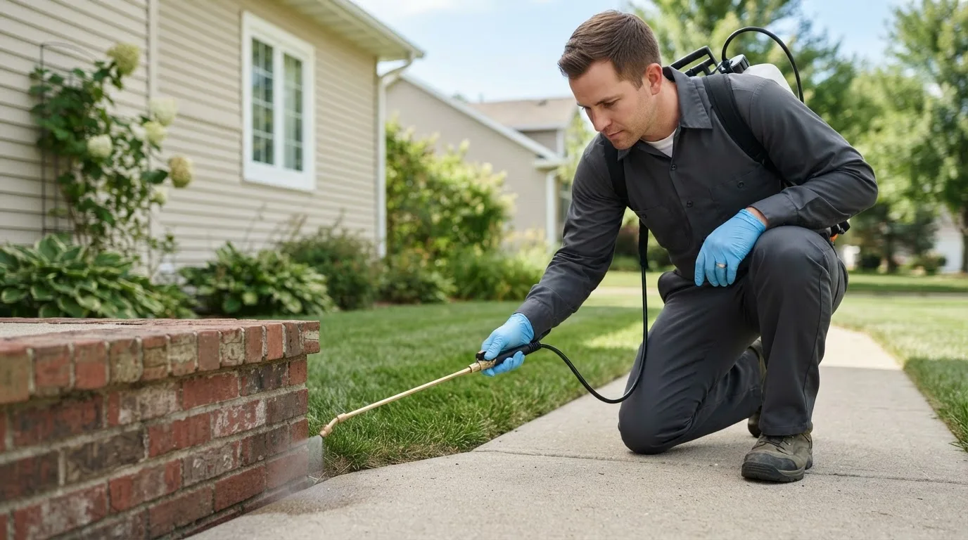 Pest control technician treating a home near Centerville, IA