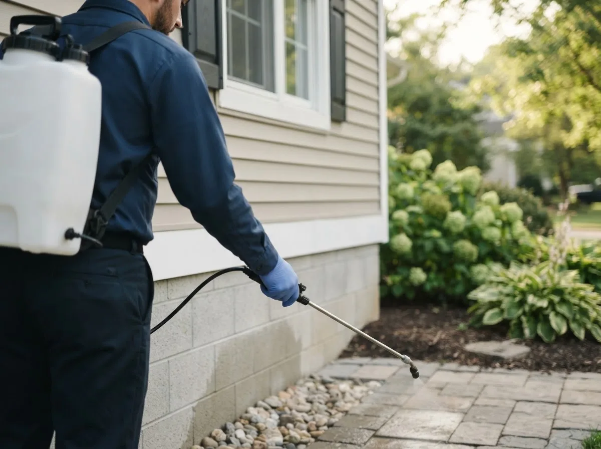 Pest control technician inspecting a home in Centerville, IA